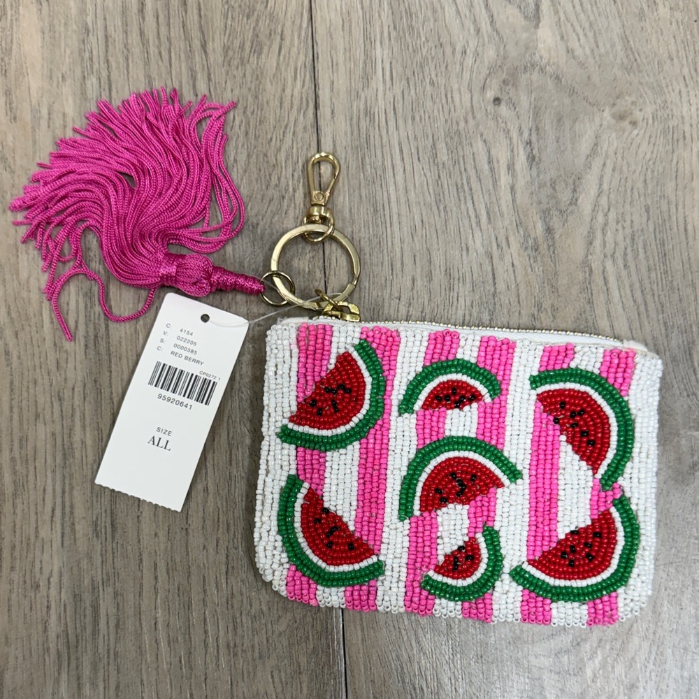 Anthropologie Pink and White Beaded Watermelon Key & Card Holder